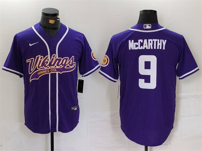 Personalized Men’s Minnesota Vikings #9 J.J. McCarthy Purple Cool Base Stitched Baseball Jersey