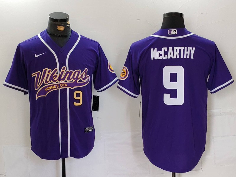 Personalized Men’s Minnesota Vikings #9 J.J. McCarthy Purple Cool Base Stitched Baseball Jerseys
