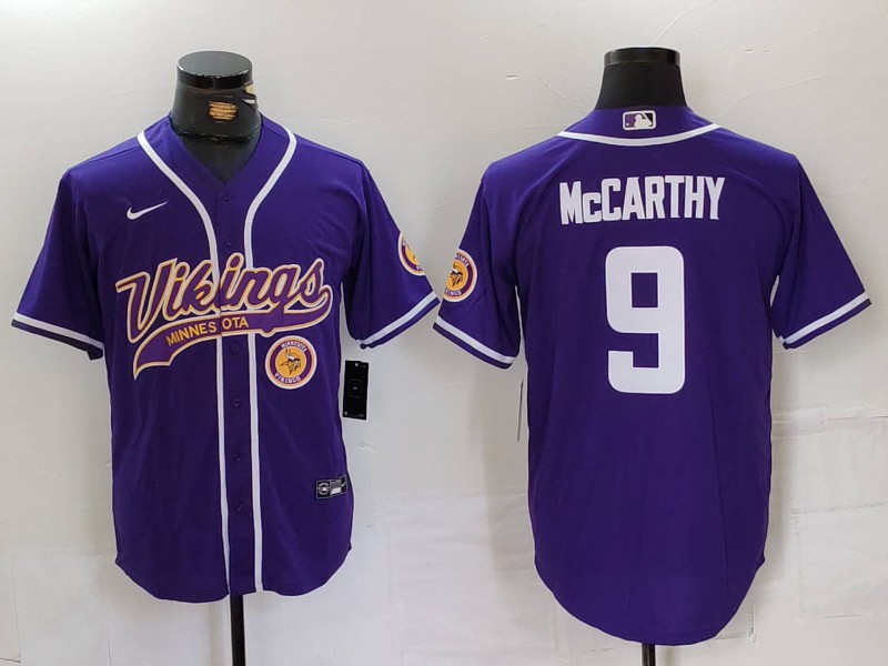 Personalized Men’s Minnesota Vikings #9 J.J. McCarthy Purple Cool Base Stitched Baseball Jerseys