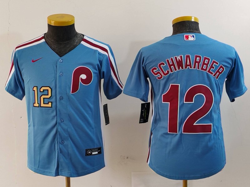 Personalized Youth Philadelphia Phillies #12 Kyle Schwarber Blue Cool Base Stitched Baseball Jerseys