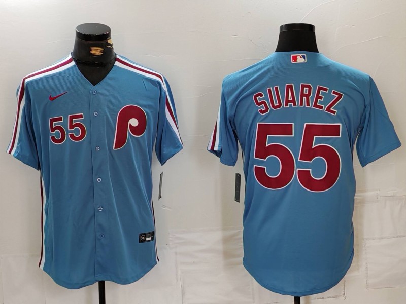 Personalized Men’s Philadelphia Phillies #55 Ranger Suárez Blue Cool Base Stitched Jersey