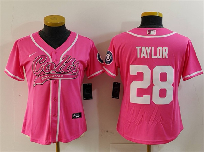 Personalized Women’s Indianapolis Colts #28 Jonathan Taylor Pink With Patch Cool Base Stitched Baseball Jersey(Run Small)