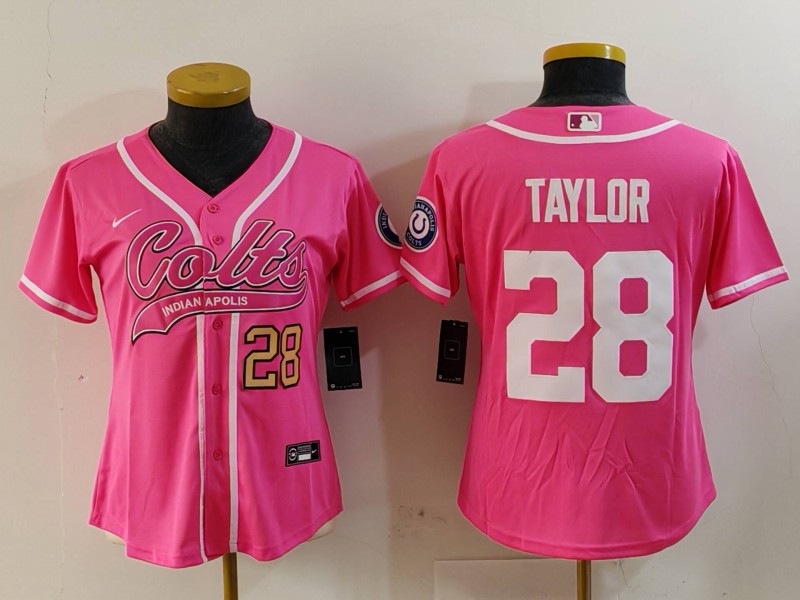 Personalized Women’s Indianapolis Colts #28 Jonathan Taylor Pink With Patch Cool Base Stitched Baseball Jersey(Run Small)