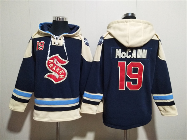 Personalized Men’s Seattle Kraken #19 Jaden Schwartz Deep Sea Blue Lace-Up Pullover Hoodie