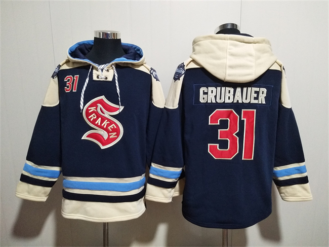 Personalized Men’s Seattle Kraken #31 Philipp Grubauer Deep Sea Blue Lace-Up Pullover Hoodie