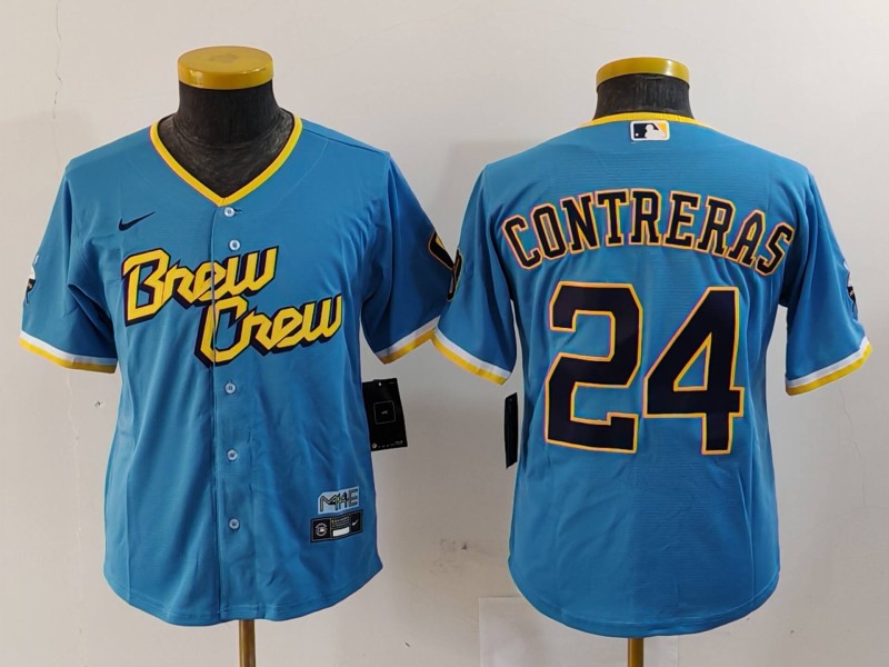 Personalized Youth Milwaukee Brewers #24 William Contreras Powder Blue City Connect Stitched Jersey
