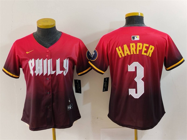 Personalized Women’s Philadelphia Phillies #3 Bryce Harper Red 2024 City Connect Limited Stitched Baseball Jersey