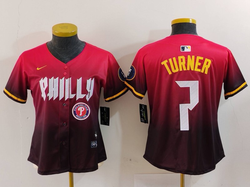Personalized Women’s Philadelphia Phillies #7 Trea Turner Red 2024 City Connect Limited Stitched Baseball Jerseys