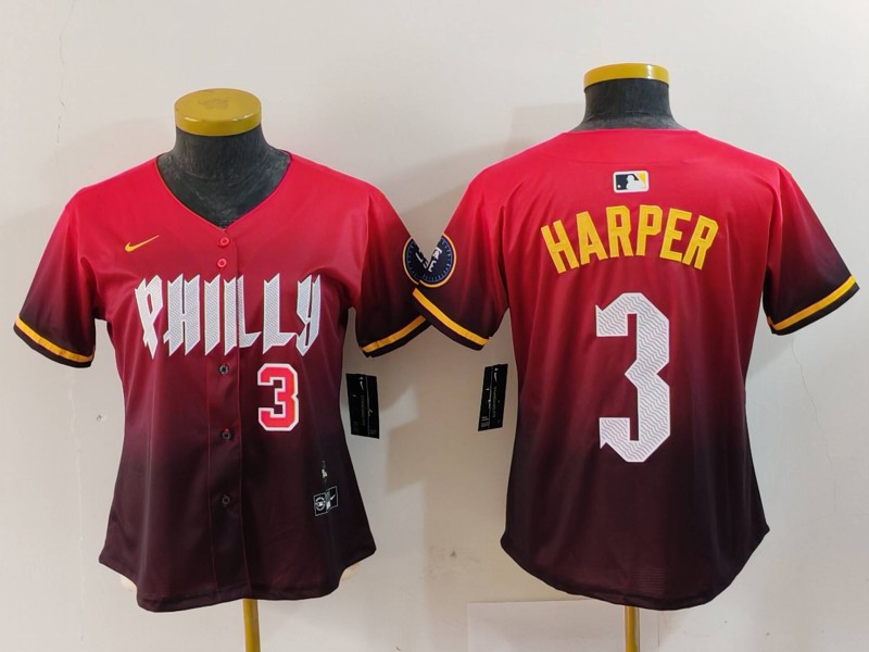 Personalized Women’s Philadelphia Phillies #3 Bryce Harper Red 2024 City Connect Limited Stitched Baseball Jerseys