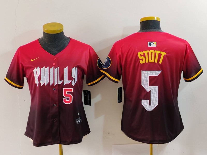 Personalized Women’s Philadelphia Phillies #5 Bryson Stott Red 2024 City Connect Limited Stitched Baseball Jerseys