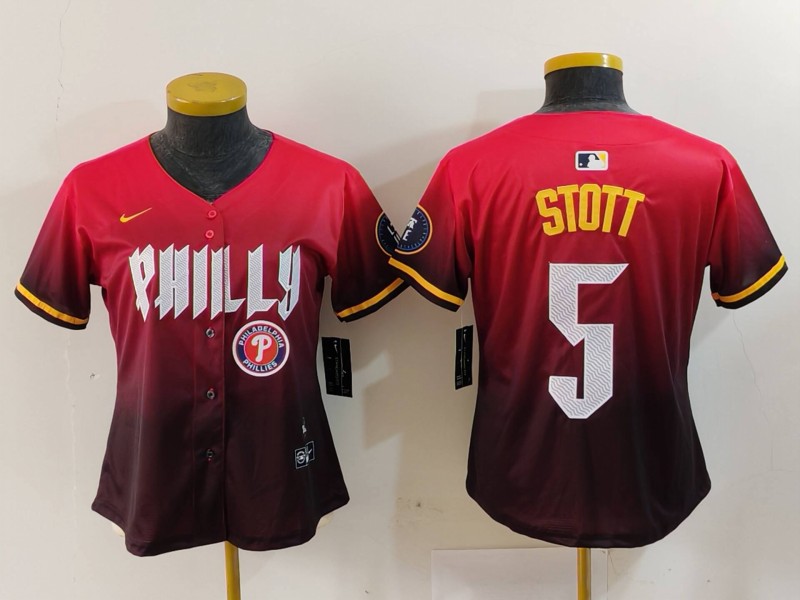 Personalized Women’s Philadelphia Phillies #5 Bryson Stott Red 2024 City Connect Limited Stitched Baseball Jerseys