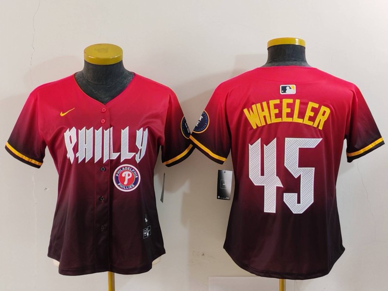 Personalized Women’s Philadelphia Phillies #45 Zack Wheeler Red 2024 City Connect Limited Stitched Baseball Jerseys