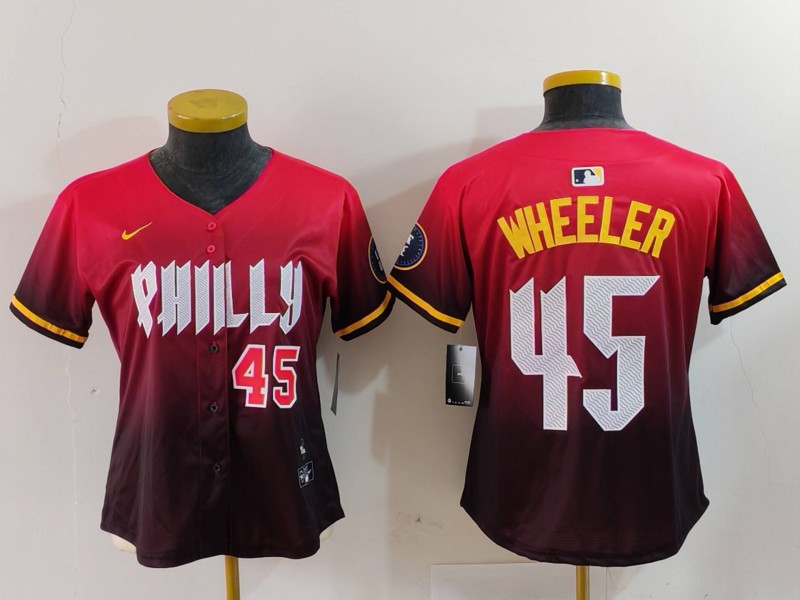 Personalized Women’s Philadelphia Phillies #45 Zack Wheeler Red 2024 City Connect Limited Stitched Baseball Jerseys