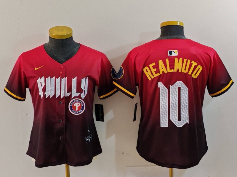 Personalized Women’s Philadelphia Phillies #10 J.T. Realmuto Red 2024 City Connect Limited Stitched Baseball Jerseys