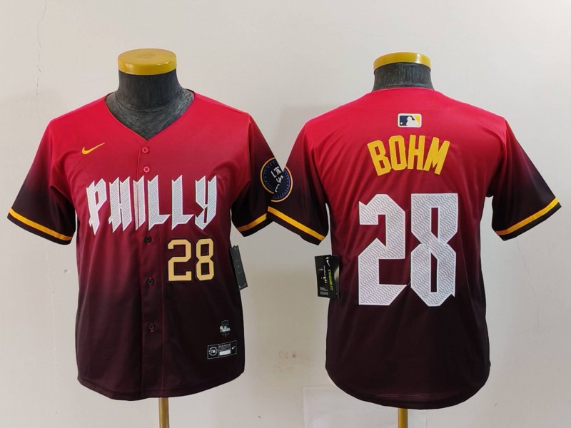 Personalized Youth Philadelphia Phillies #28 Alec Bohm Red 2024 City Connect Limited Stitched Baseball Jerseys
