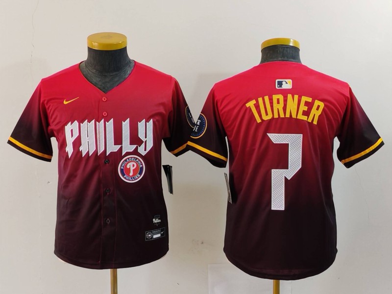 Personalized Youth Philadelphia Phillies #7 Trea Turner Red 2024 City Connect Limited Stitched Baseball Jerseys
