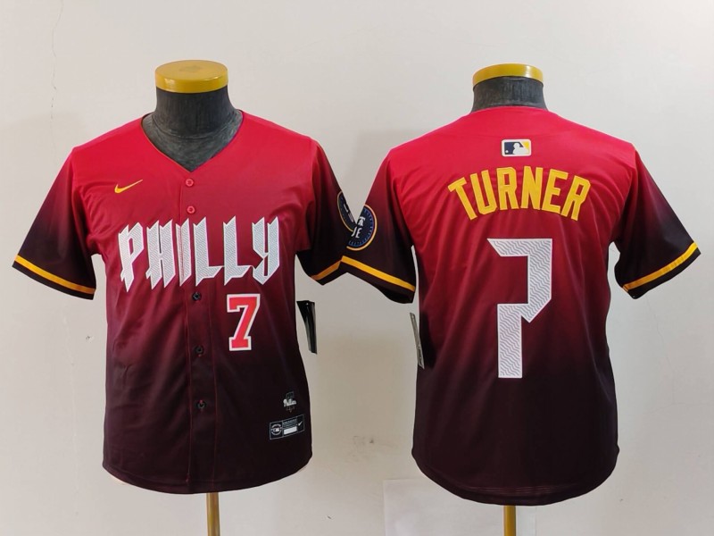 Personalized Youth Philadelphia Phillies #7 Trea Turner Red 2024 City Connect Limited Stitched Baseball Jerseys