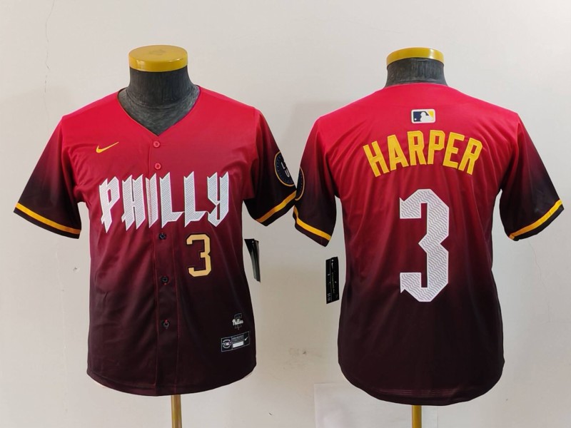 Personalized Youth Philadelphia Phillies #3 Bryce Harper Red 2024 City Connect Limited Stitched Baseball Jerseys