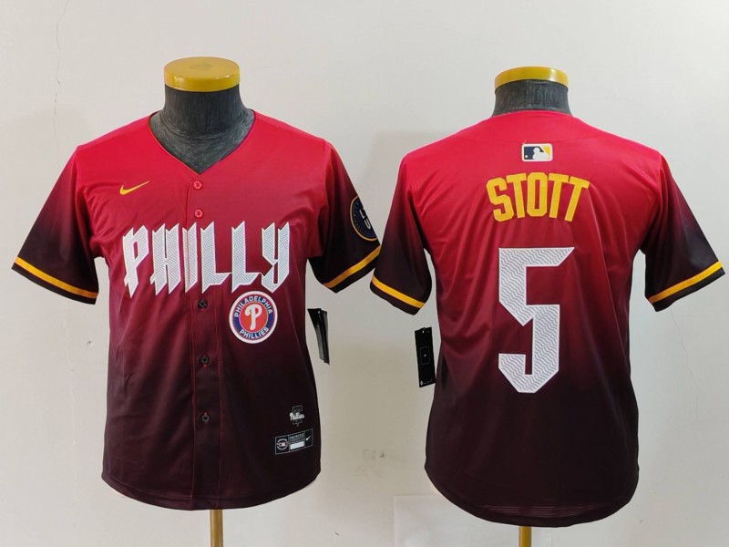 Personalized Youth Philadelphia Phillies #5 Bryson Stott Red 2024 City Connect Limited Stitched Baseball Jerseys