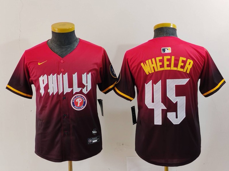 Personalized Youth Philadelphia Phillies #45 Zack Wheeler Red 2024 City Connect Limited Stitched Baseball Jerseys