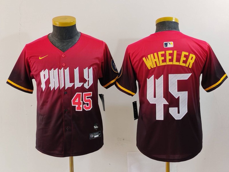 Personalized Youth Philadelphia Phillies #45 Zack Wheeler Red 2024 City Connect Limited Stitched Baseball Jerseys
