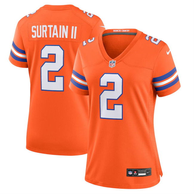 Personalized Women’s Denver Broncos #2 Patrick Surtain II Orange Mile High Collection 1977 Throwback Stitched Jersey(Run Small)