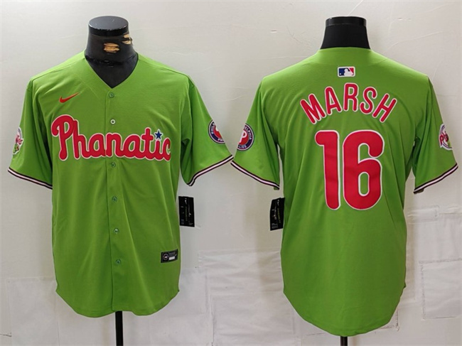 Personalized Men’s Philadelphia Phillies #16 Brandon Marsh Green With Patch Stitched Jersey