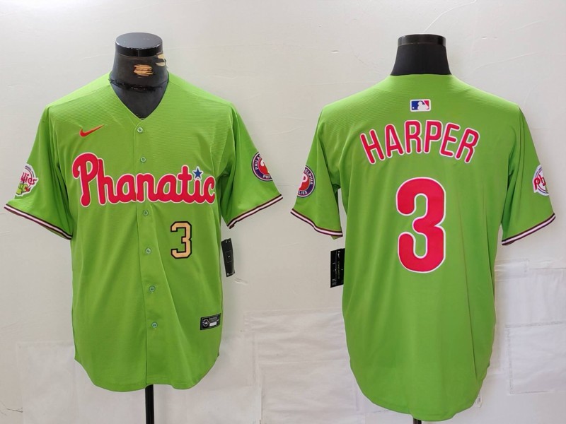 Personalized Men’s Philadelphia Phillies #3 Bryce Harper Green With Patch Stitched Jerseys