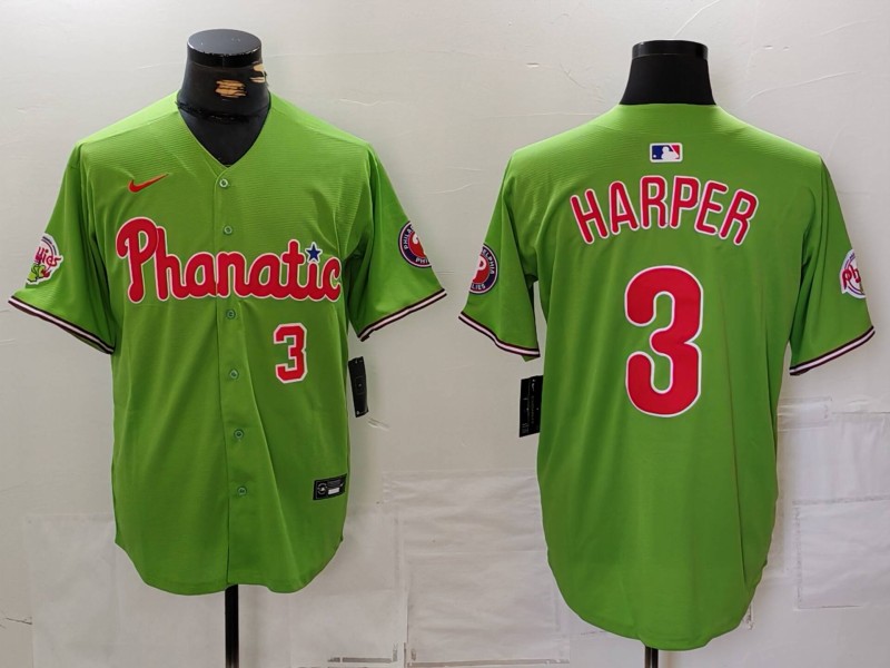 Personalized Men’s Philadelphia Phillies #3 Bryce Harper Green With Patch Stitched Jerseys