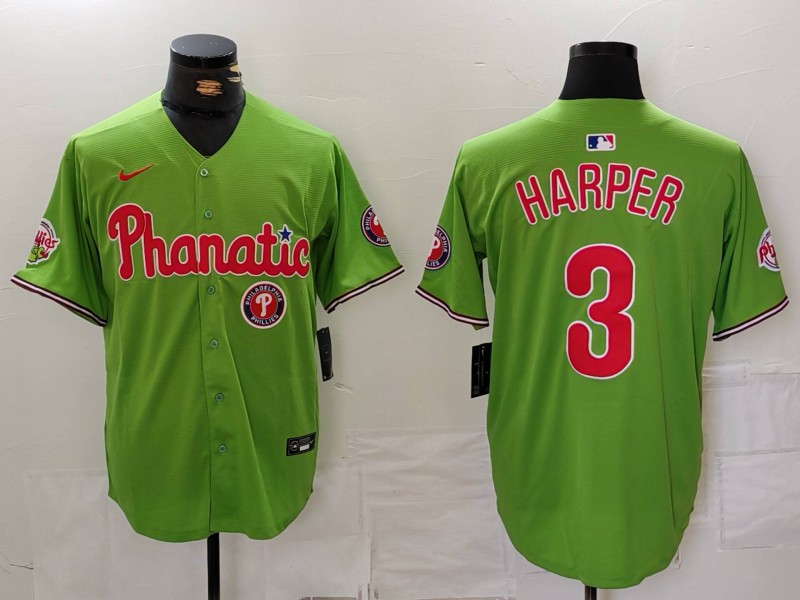 Personalized Men’s Philadelphia Phillies #3 Bryce Harper Green With Patch Stitched Jerseys