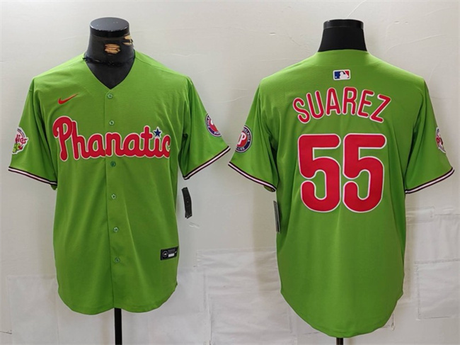 Personalized Men’s Philadelphia Phillies #55 Ranger Suárez Green With Patch Stitched Jersey