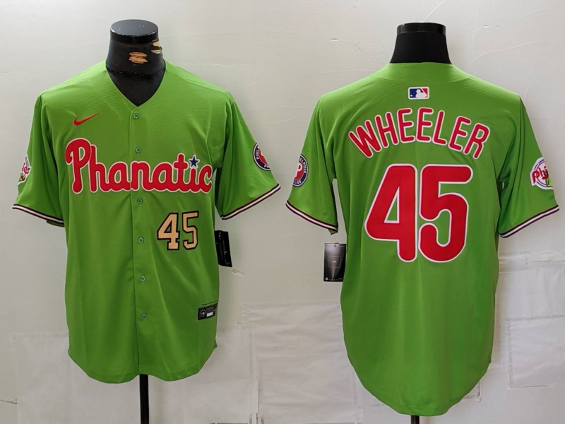 Personalized Men’s Philadelphia Phillies #45 Zack Wheeler Green With Patch Stitched Jerseys