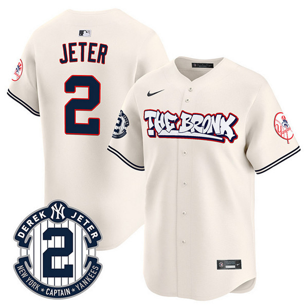 Personalized Men’s New York Yankees #2 Derek Jeter Cream The Bronx Graffiti V2 Limited Stitched Baseball Jersey
