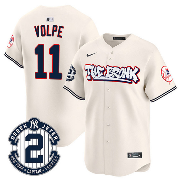 Personalized Men’s New York Yankees #11 Anthony Volpe Cream The Bronx Graffiti V2 Limited Stitched Baseball Jersey