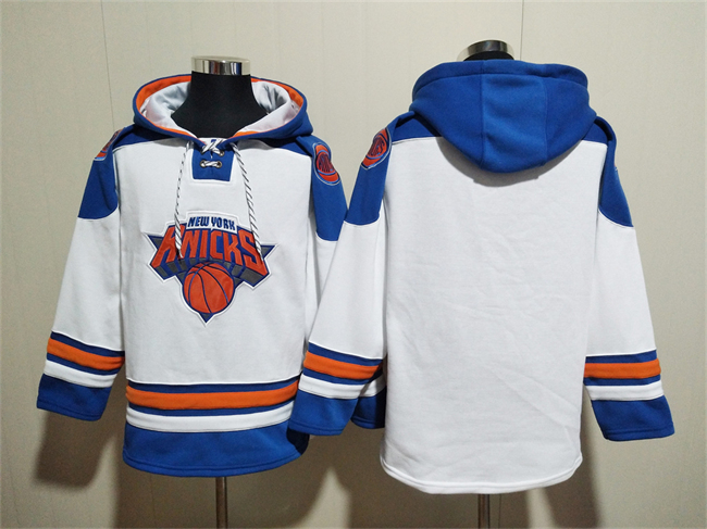 Personalized Men’s New Yok Knicks Blank White Lace-Up Pullover Hoodie