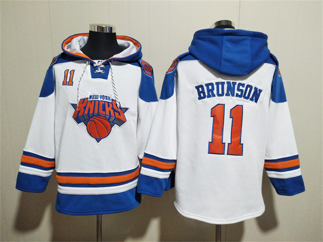 Personalized Men’s New Yok Knicks #11 Jalen Brunson White Lace-Up Pullover Hoodie