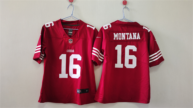 Personalized Women’s San Francisco 49ers #16 Joe Montana Red Stitched Jersey(Run Small)