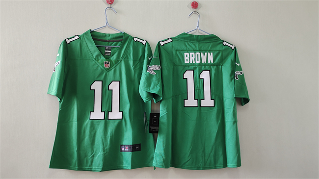 Personalized Women’s Philadelphia Eagles #11 A. J. Brown Kelly Green Stitched Football Jersey(Run Small)