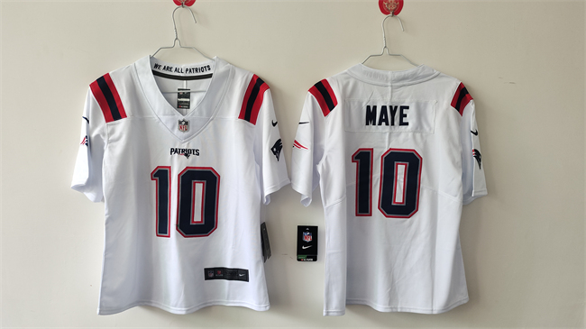 Personalized Women’s New England Patriots #10 Drake Maye 2024 Draft White Untouchable Limited Stitched Jersey(Run Small)