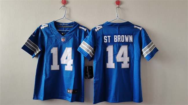 Personalized Women’s Detroit Lions #14 Amon-Ra St. Brown Blue Stitched Jersey(Run Smaller)