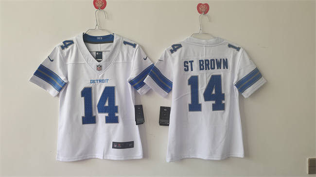 Personalized Women’s Detroit Lions #14 Amon-Ra St. Brown White Stitched Jersey(Run Smaller)