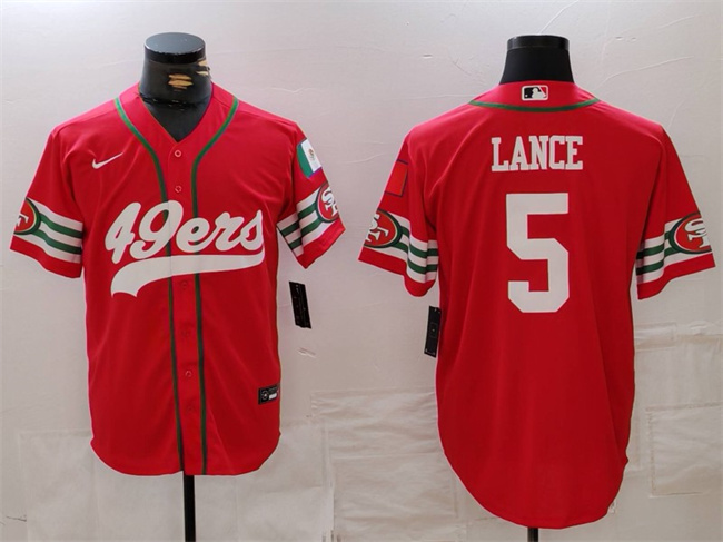 Personalized Men’s San Francisco 49ers #5 Trey Lance Red With Patch Cool Base Stitched Baseball Jersey