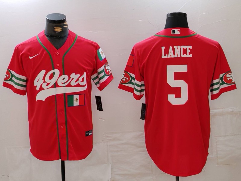 Personalized Men’s San Francisco 49ers #5 Trey Lance Red With Patch Cool Base Stitched Baseball Jerseys
