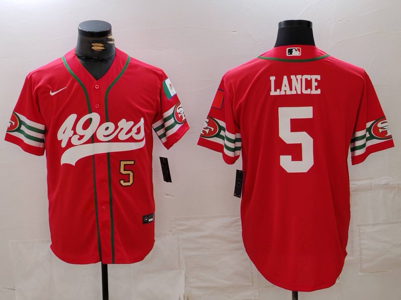 Personalized Men’s San Francisco 49ers #5 Trey Lance Red With Patch Cool Base Stitched Baseball Jerseys