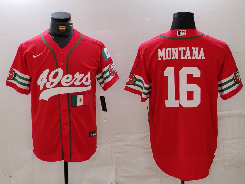 Personalized Men’s San Francisco 49ers #16 Joe Montana Red With Patch Cool Base Stitched Baseball Jerseys
