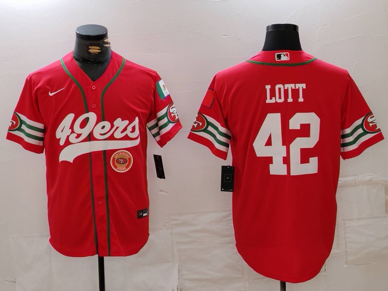 Personalized Men’s San Francisco 49ers #42 Ronnie Lott Red With Patch Cool Base Stitched Baseball Jerseys
