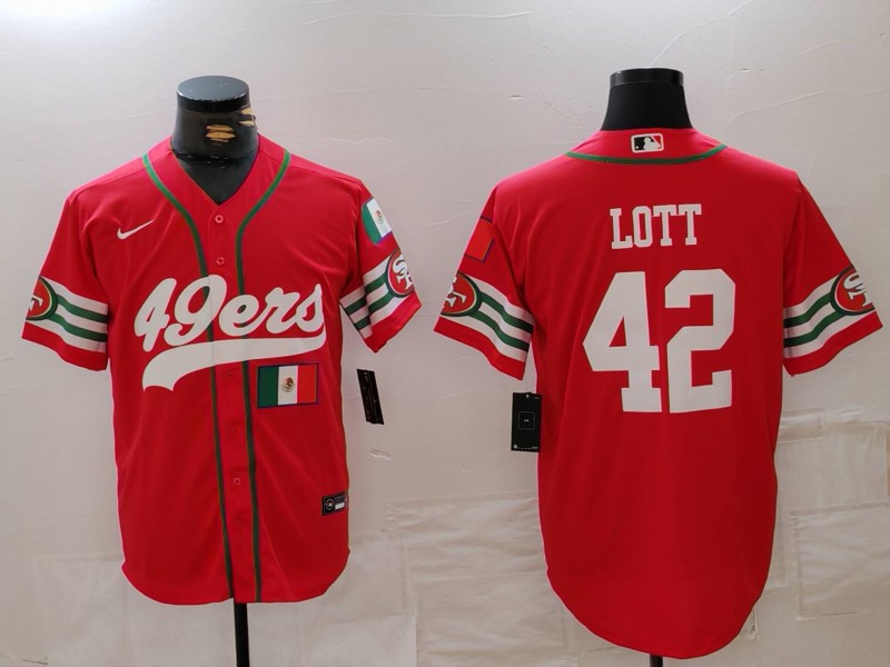 Personalized Men’s San Francisco 49ers #42 Ronnie Lott Red With Patch Cool Base Stitched Baseball Jerseys