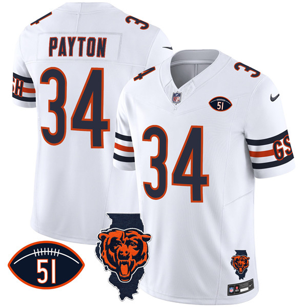Personalized Men’s Chicago Bears #34 Walter Payton White F.U.S.E. With Illinois And No. 51 Patch Stitched Football Jersey