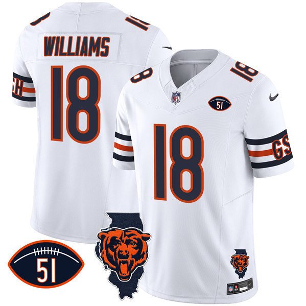 Personalized Men’s Chicago Bears #18 Caleb Williams White F.U.S.E. With Illinois And No. 51 Patch Stitched Football Jersey