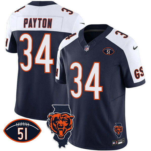 Personalized Men’s Chicago Bears #34 Walter Payton Navy White F.U.S.E. With Illinois And No. 51 Patch Stitched Football Jersey